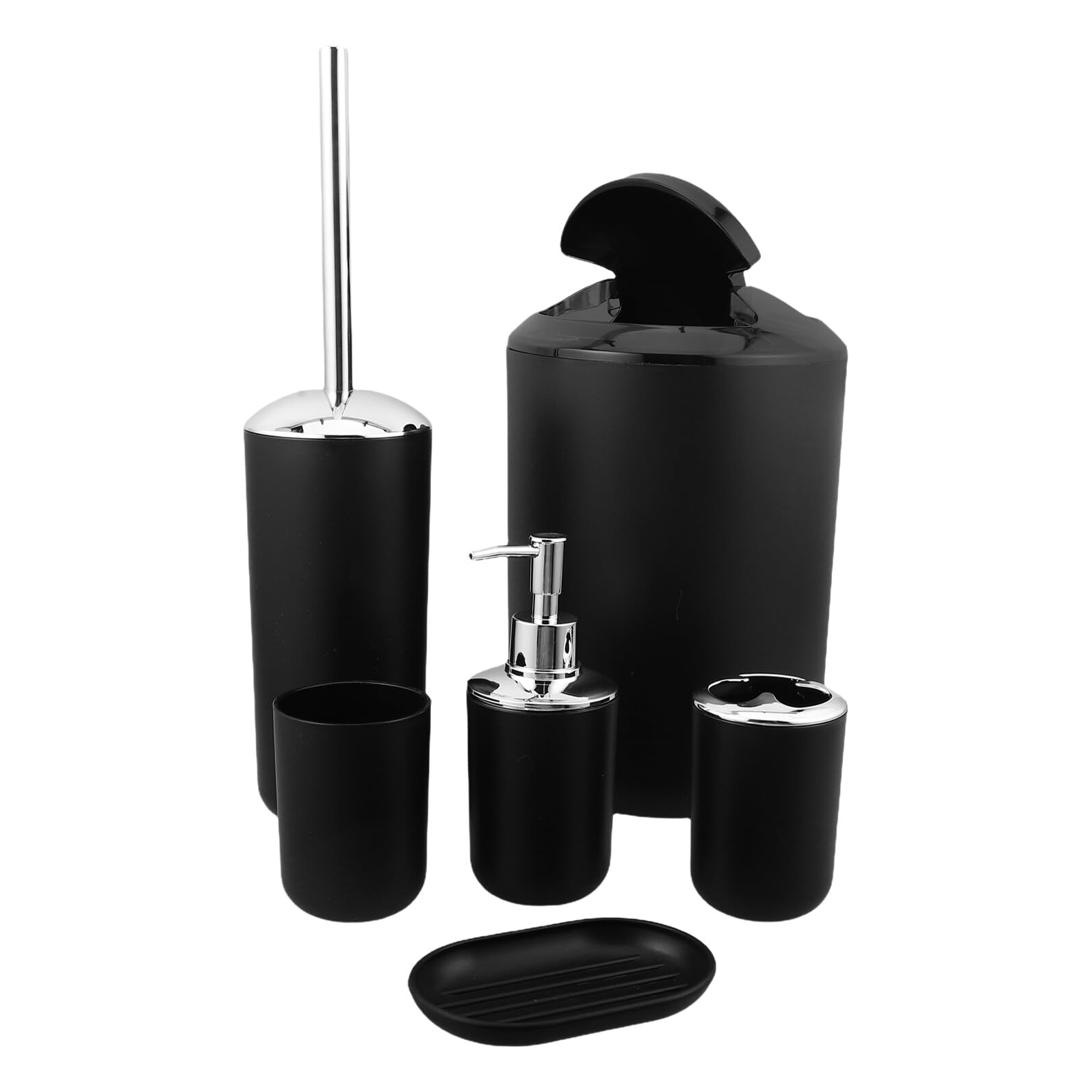 Set Accessori Bagno Elegante in Plastica Nera Resistente All'umidità e Facile da Pulire per Vanity e Bagno con Portasapone, Porta Spazzolino, Bicchiere, Scopino Wc e Cestino