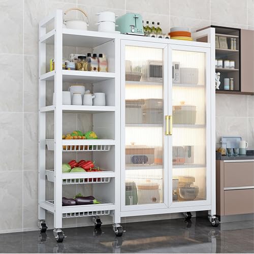 Soporte de almacenamiento móvil de cocina con puertas de armario y estante para microondas