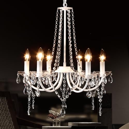 Crystal Chandeliers, 6 Lights Modern Chandeliers Ceiling Light Fitting Elegant Pendant Lights, White Vintage Crystal Ceiling Light for Dining Room, Living Room, Bedroom, Kitchen, Hallway, E14 Socket