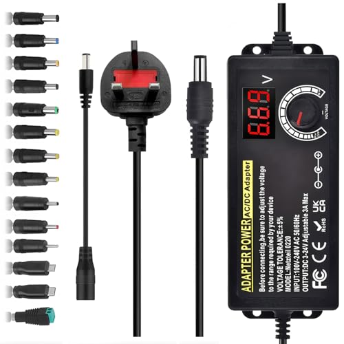 3A 72W Universal Power Supply Adapter: Adjustable Variable AC/DC Adapter Charger 100V-240V AC to DC 3V~24V Converter with LED Voltage Display 14 Tips and Polarity Converter for Electronics (Black)