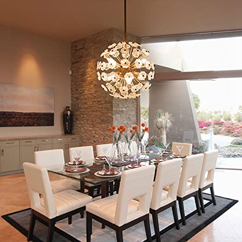 Classy Leaves Gold Modern Chandelier, Sputnik Chandelier With Crystal Flowers, Contemporary Dandelion Pendant Light Fixture For Dining Room, Living Room, Bedroom And Foyer #TOP1