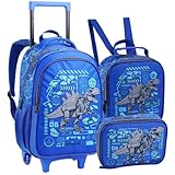 Mochila de Costas Escolar Infantil com Rodinhas, Lancheira Térmica e Estojo, Duplo Compartimento, Design Divertido, Kit Completo 3 Pçs, Material Reforçado (Dinossauro - Azul)