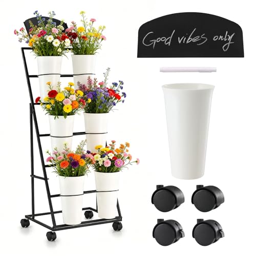 Flower stand Flower stand with buckets Suitable for flower shops celebration events and indoor and outdoor flower bar 6-bottle Flower Display Stand Flower cart equipped with a blackboard and wheels
