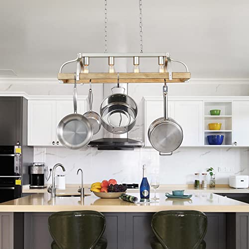 4-Light Metal Pot Hanging Rack Chandelier Imitation Light Wood Grain Linear Pendant Ceiling Lighting
