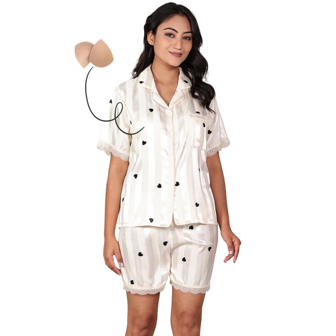 Korean Style White Modal Silk Nightsuit for Women | in-Built Padded Shirt Collar Top & Shorts with Lace | Heart Print Sleepwear Set-image-3