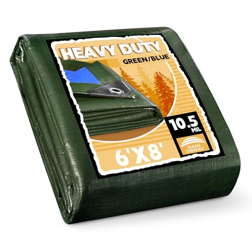 RAINDEWAY Small Waterproof Tarp 6x8 Feet,10.5 Mil Tarps Heavy Duty Waterproof with Metal Grommets and Reinforced Edges,UV Resistant,Durable,Green/Blue Tarp