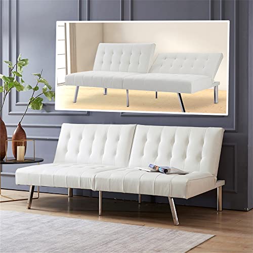 Naomi Home Tufted Split Back Futon Sofa Bed, Faux Leather Couch Bed, Futon Convertible Sofa Bed With Chrome Legs, Folding, Reclining Small Convertible Couch, Futon Couches For Living Room White #TOP7