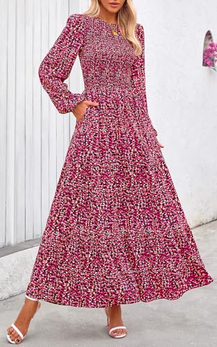 Image of PRETTYGARDEN Women's Fall Dresses 2026 Long Sleeve Flowy Casual Floral Maxi Dress Crew Neck Smocked Tiered Long Dress