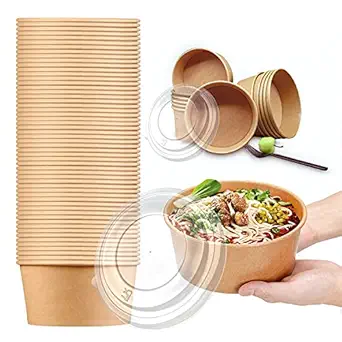 TOPtoper 50 Pack 25 Oz Large Paper Bowls with Lids, Disposable Soup Serving Bowls Bulk Party Supplies for Hot/Cold Food, Soup (25 OZ)