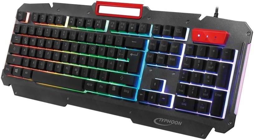 Angled view of keyboard with rainbow backlight