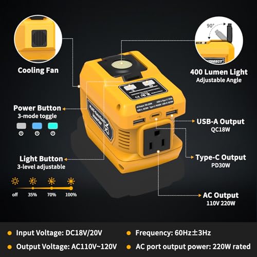 Image of Kzreect 220W Power Inverter Compatible with Dewalt 20V Battery, Tool Only | 110V AC Outlet, 30W USB-C PD, Dual 18W USB-A, 400LM LED Light, Compact Power for Camping, Jobsite & Emergency Backup