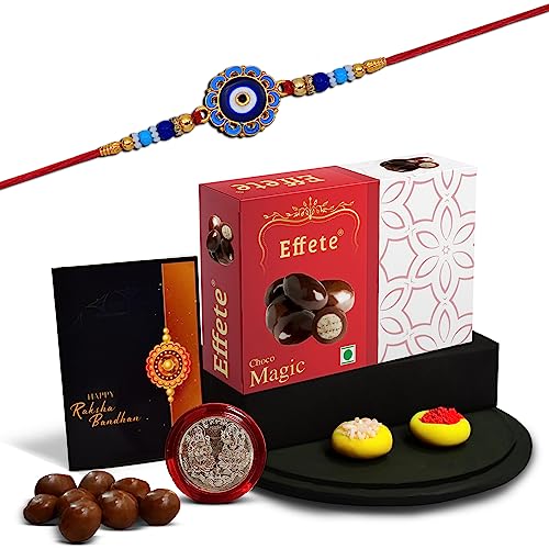 Image of DeoDap (K1 275 EM32) Rakhi Combo with Chocolate Magic 32gm, Rakhi for brother with gift, chocolate gift pack, rakhi with Chocolate Gift Hemper, Fancy Rakhis for men, Set of 1 Rakhi