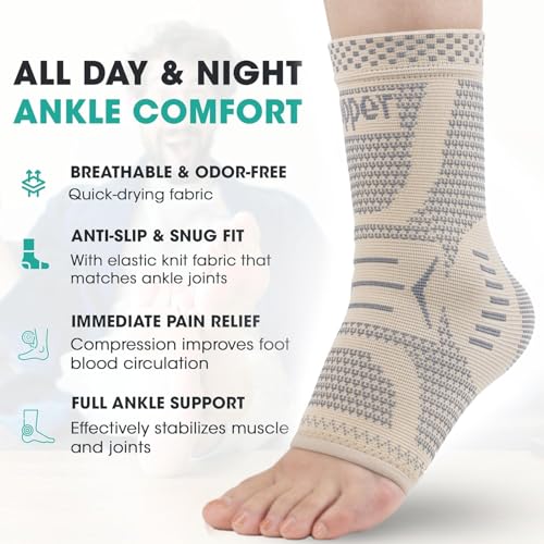 Image of INDEEMAX Copper Infused Ankle Brace for Sprained Ankle, Ankle Compression Sleeve Ankle Support for Women & Men, Achilles Tendonitis Brace, Skin Silver, S