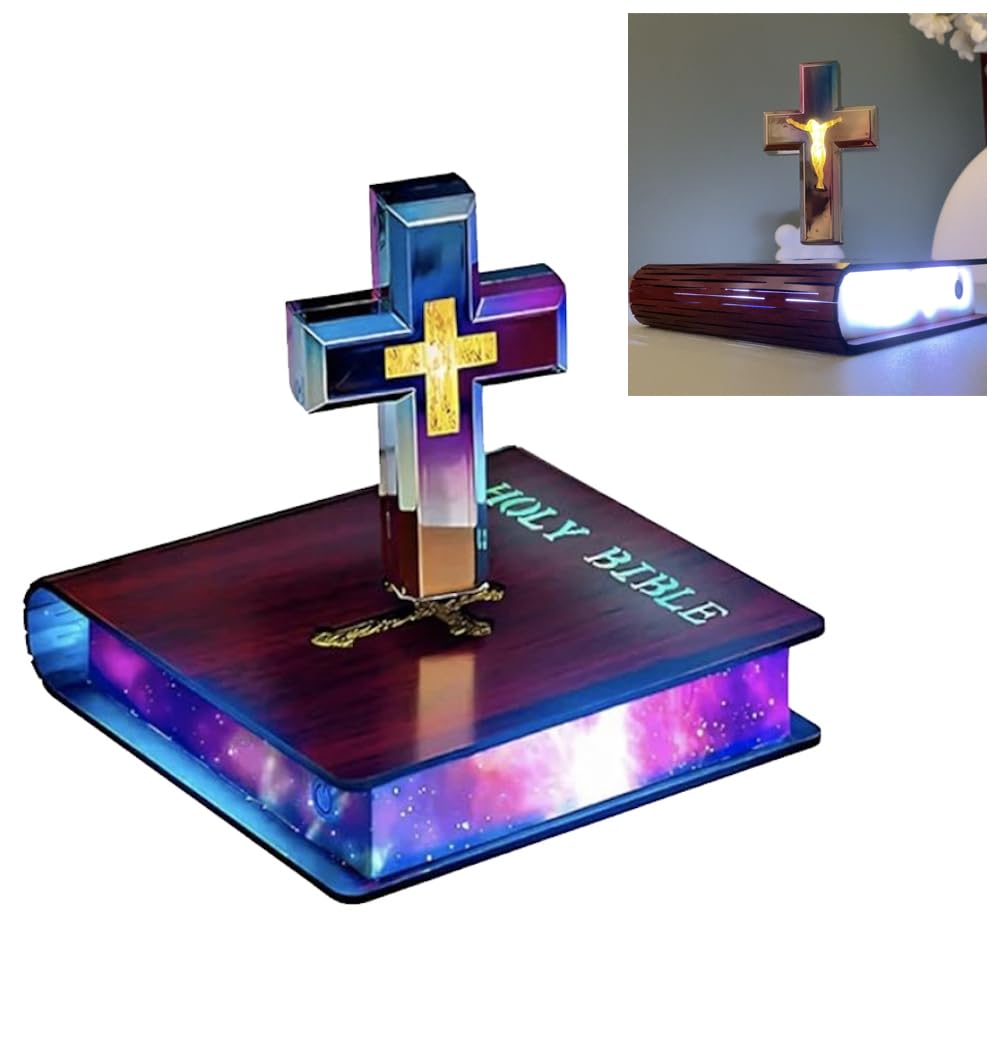 Levitating Cross Lamp Floating Jesus & Bible Night Light Colorful Magnetic Levitation Cross Ornament Glowing Cross Light Home Desk Decoration