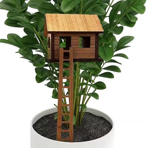 ELEFOCUS Plant Mini Treehouse,Miniature Flower Pot Tree House with Ladder,Miniature Wooden House - The Tree House to Build Yourself for Flower Pot Crafts Desk Decoration Ornament