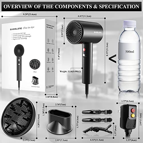 Ionic Hair Dryer, 1875W Led Smart Pro Salon Blow Dryer, Matte Metal Body Multi-Protection & Noise-Cancelling Hairdryer, Lightweight Constant Temp Negative Ions Hair Dryers, Black With Diffuser #TOP7
