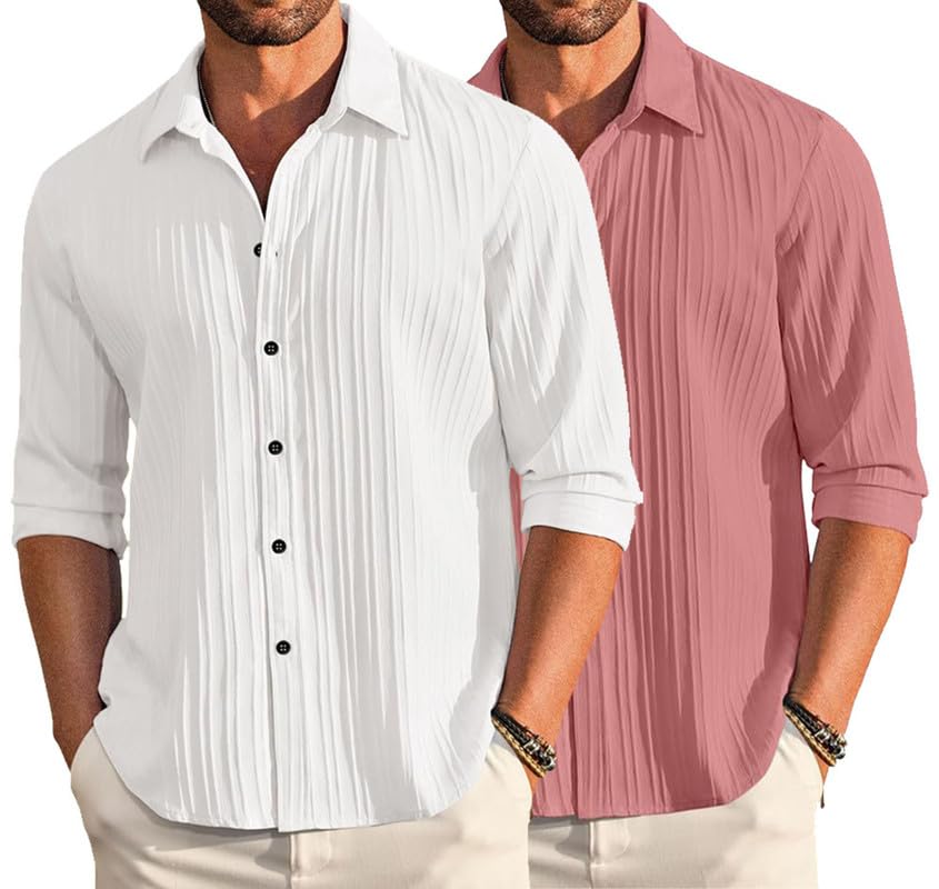 Image of DEELMO Combo of Men's Casual Button Down Shirts Long Sleeve Linen Shirt Fashion Textured Summer Shirts Pack of 2