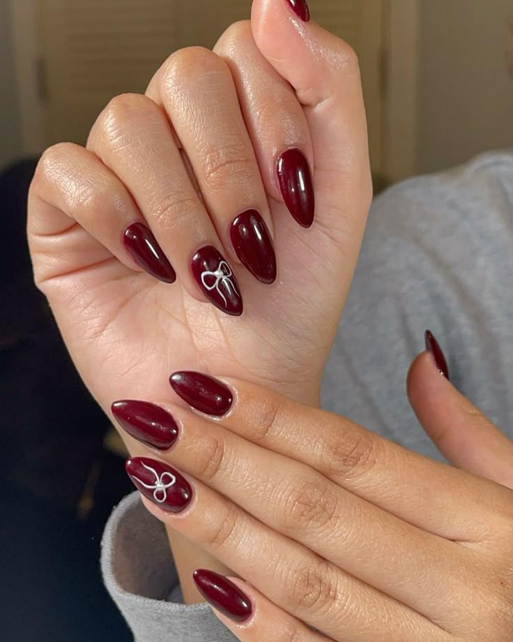 Nakhi 24 Reusable Artificial Fake Nail Set |Base maroon colour with White Bow Design Glossy Nails | Lightweight & Long Lasting| Quick Fix For Festivals & Special Occasions-image-36