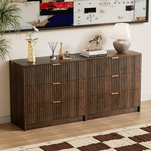 Image of Furniway Fluted Nightstands Set of 2, 31.5 inch Large Bedside Tables with 3 Drawers, Modern Wood Night Stands with Storage for Bedroom, Walnut