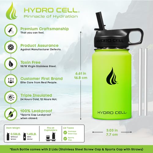 Image of HYDRO CELL Stainless Steel Insulated Water Bottle with Straw - For Cold & Hot Drinks - Metal Vacuum Flask with Screw Cap and Modern Leakproof Sport Thermos for Adults (Neon 14oz)