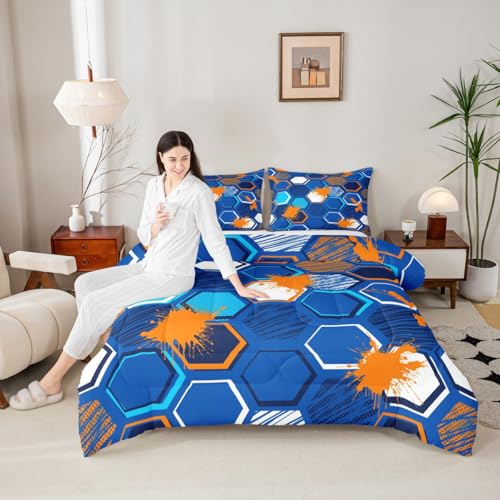 Honeycomb Kids Comforter Set Full Size,Geometric Hexagon Patchwork Bedding Set,Girls Boys Adults Room Decor,Modern Fashion Down Comforter,Blue Orange Bright Duvet Insert,2 Pillowcases