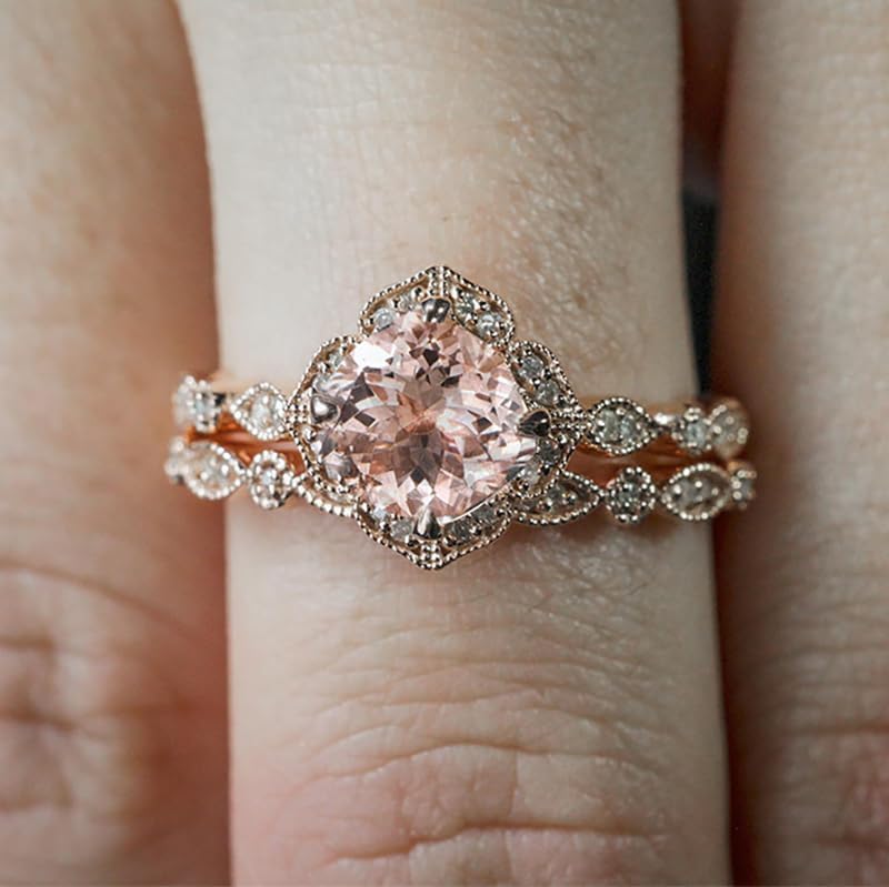 2PCS 14k Rose Gold Plated Morganite Bridal Ring Engagement Rings Set for Women's, Rose Gold Diamond Wedding Band Cushion Cut Promise Vintage Floral Bridal Set Ring Size 10# - Image 4