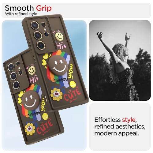 Image of Pikkme Back Cover for Samsung Galaxy S24 Ultra 5G | Soft Silicone| Cute Rainbow Smile & 3D Cartoon Flower Design | Shockproof Raised Camera Protection Bumper Case (Brown)