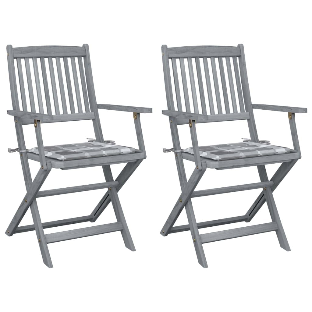 Chaise de jardin pliante en bois d'acacia gris lot de 2 avec coussin