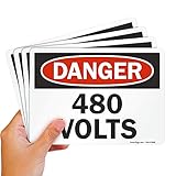 SmartSign (Pack of 4) 5 x7 inch “Danger - 480 Volts” OSHA Sticker Labels, 5 mil Laminated Polyester with SuperStick Adhesive, Red, Black and White