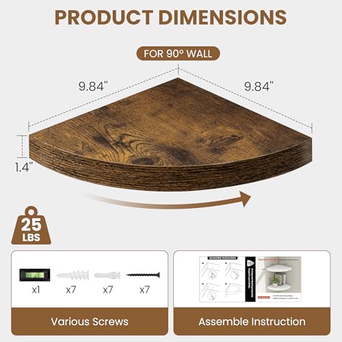 Image of Fun Memories Floating Corner Shelves Set of 2 - Rustic Wood Wall Mounted Storage and Display Shelves for Living Room, Bedroom, Kitchen, Bathroom - Space Saving Home Decor, Brown
