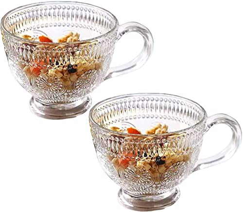 KKGUD Vintage Embossed Sunflower Glass Teacup, 14oz Coffee Mug, Yogurt Bowl, 2 Sets