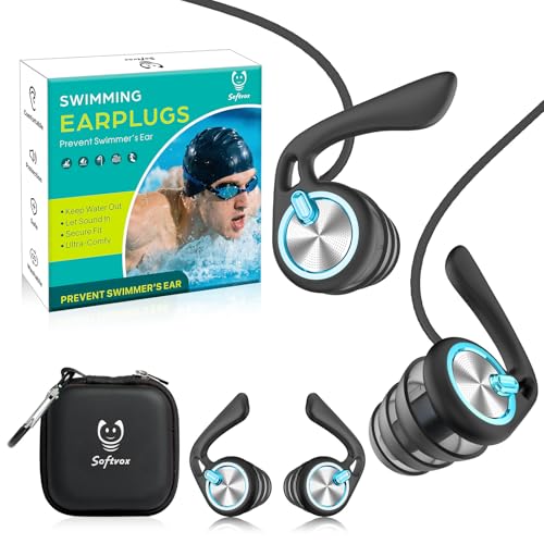 Ear Plugs for Swimming Surfing with Lanyard, Block Out Water Let Sound in, Reusable Comfy Custom-fit Swim Waterproof earplugs Men Women for Swimmer Shower Pool Bath Water Sports, 2 Sizes for 12+,BKGN