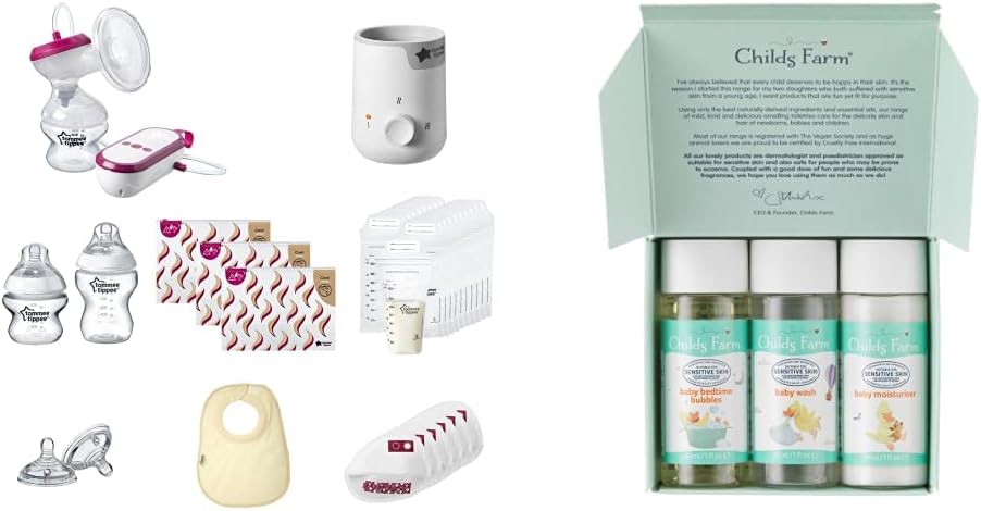 Tommee Tippee  Complete Breastfeeding Kit & Childs Farm | Baby Bathtime Sample Pack | Baby Moisturiser, Baby Wash & Baby Bubble Bath 30ml | Suitable for Newborns with Dry