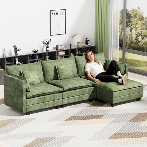 Image of LEVELEVE 112.5 inch L-Shape Modular Sofa with 1 Ottomans, Deep Seat Cloud Convertible Sleeper, 3 Throw 2 Arm Pillows, Comfortable Upholstered Furniture for Living Room Apartment, Green