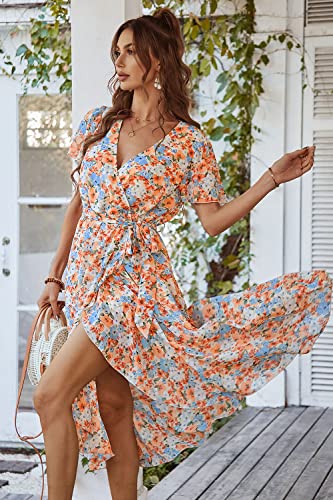 Prettygarden Women's 2023 Floral Boho Dress Wrap V Neck Short Sleeve Belted Ruffle Hem A-Line Flowy Maxi Dresses (Yellow Floral,Small) #TOP2