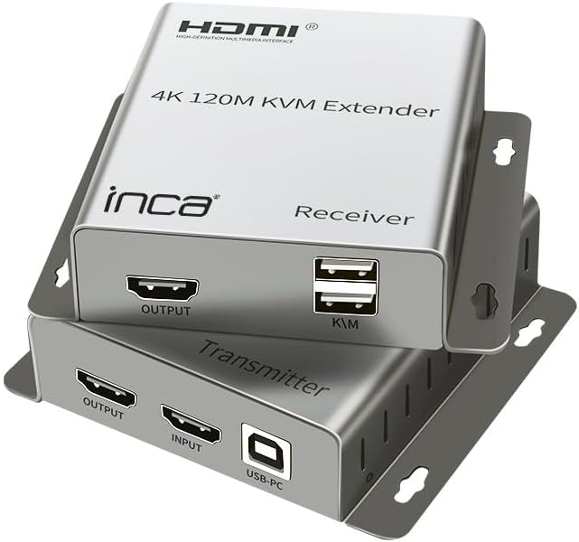 İnca HDMI KVM Extender IEX-120, 120m 4K @30Hz over Cat5e/Cat6/Cat6e/Cat7, IR Return Channel, USB Keyboard & Mouse, Loop Out, Plug & Play, RJ45 Ethernet, Local HDMI Out, 1080p - Transmitter + Receiver