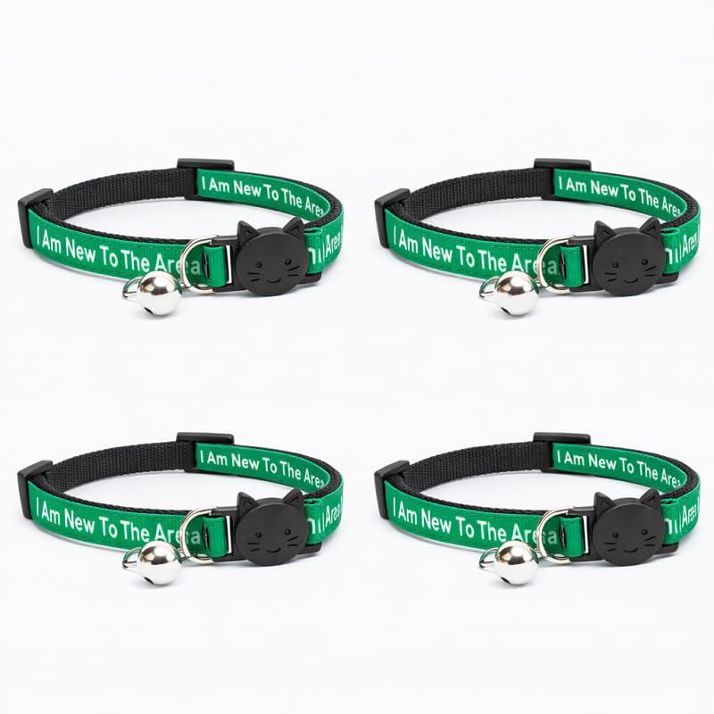 Worded Cat Collars β Please Do Not Feed Me, I Am Microchipped | Safe Quick Release Breakaway Buckle | Zacal Cat Collars (Pack of 4, Green, I Am New To The Area)