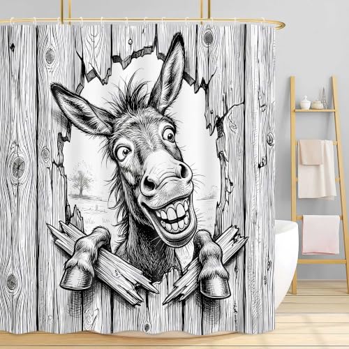 Image of Boziqr Funny Donkey Shower Curtain, Fun Black White Donkey Shower Curtains for Bathroom Peeking Funny Cute Animal Rustic Farmhouse Bath Curtain Decor, 54 X 70 Inch