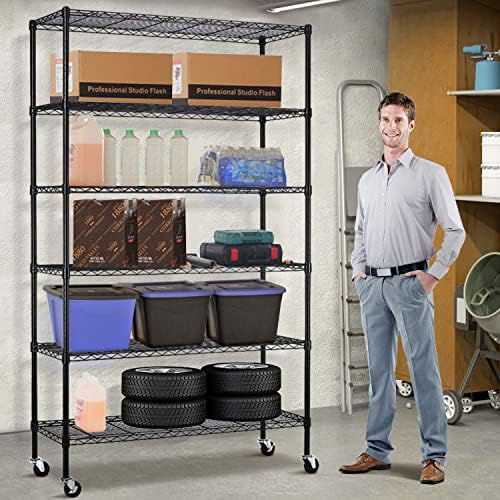 NiamVelo Storage Shelves Heavy Duty 6 Tier Wire Shelving Unit with Wheels Adjustable NSF Metal Wire Shelf 48" L×18" W×82" H Garage Shelves 2100 Lbs Weight Capacity Multifunctional Storage Rack, Black