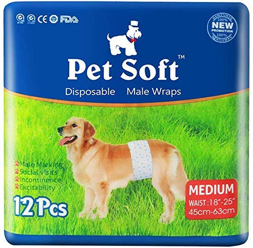 Pet Soft Pañales para Perros Desechables Paños para Perros machos Pañales para Mascotas Suaves absorbentes Super M 12count (18'-25')