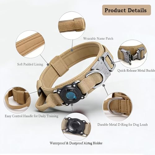 Image of Tactical Dog Collar With Airtag Holder - Waterproof, Adjustable, Heavy Duty With Control Handle and Metal Buckle for Training (Brown, L)
