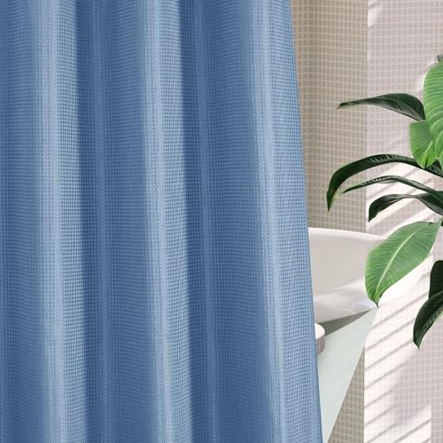 MitoVilla No Hooks Needed Blue Waffle Shower Curtain Liner Set, Modern Waffle Weave Heavy Duty Fabric Cloth Shower Curtain with Snap-in Liner for Luxury Neutral Hotel Spa Bathroom Decor by MitoVilla - Used condition - Image 5