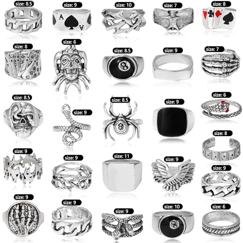 Acruccen 26 Pcs Vintage Silver Punk Rings Set For Men Cool Gothic Chunky Rings Statement Snake Wing Signet Ring Set thumb #4