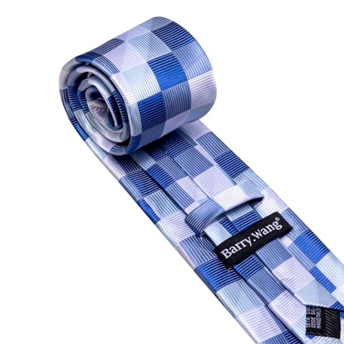 Image of Barry.Wang Plaid Ties Check Mens Necktie Set with Handkerchief Cufflinks Classic Stripe
