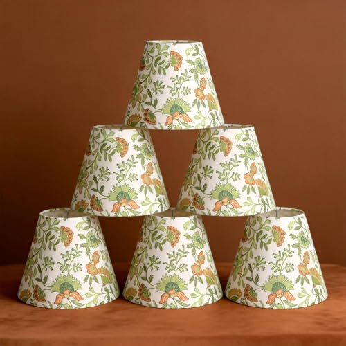 6 Pcs Floral Lamp Shades Set 3" Top x 6" Bottom x 5" Slant Block Print Chandelier Shades Green Lampshades for Vintage Farmhouse Home Decor