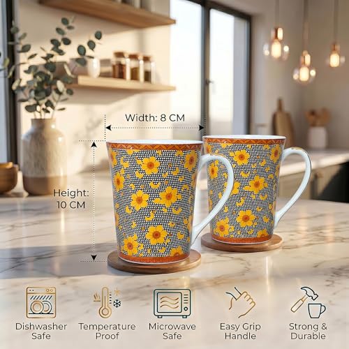 Image of U.P.C.Milk Mug Set of 2 | Ceramic & Bone China Coffee Milk Cups | Designer Printed Tea Coffee Mug Set | Large Capacity Milk Mugs | Microwave Safe Cup Set | Kitchen Drinkware Gift Set (UPC MM-A06)