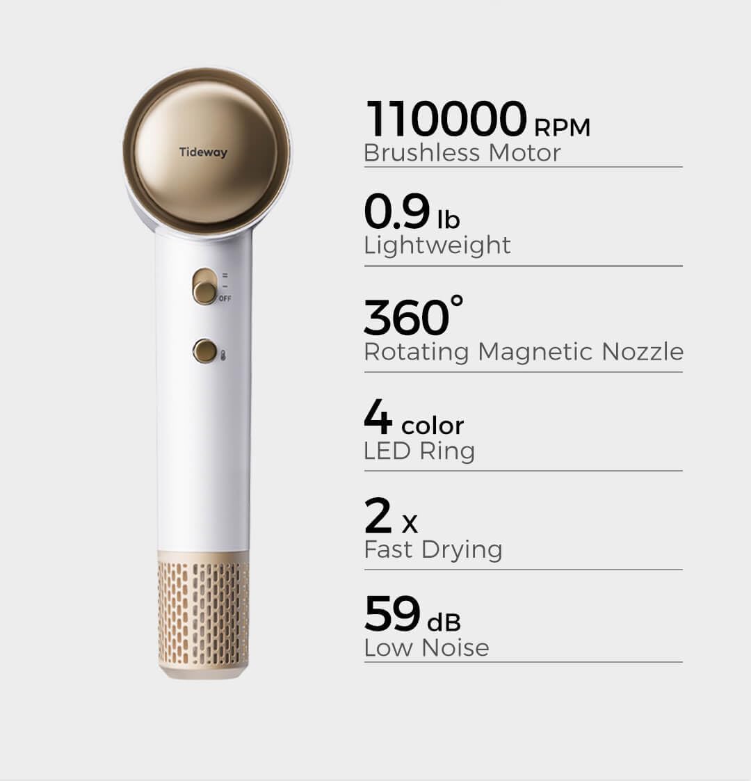 Tideway High Speed Hair Dryer 110,000 RPM Brushless Motor, Ionic Blow Dryer for Fast Drying, Lightweight & Low Noise, Frizz Control, Cool & Warm Air Modes, Salon-Quality Hair Dryer for All Hair Types