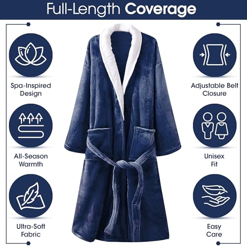 Unisex SPA & Shower Bathrobe – Ultra-Soft 280GSM Flannel Fleece Robe for Women & Men, Lightweight Plush Lounge Robe with Pockets – Blue with White Collar3