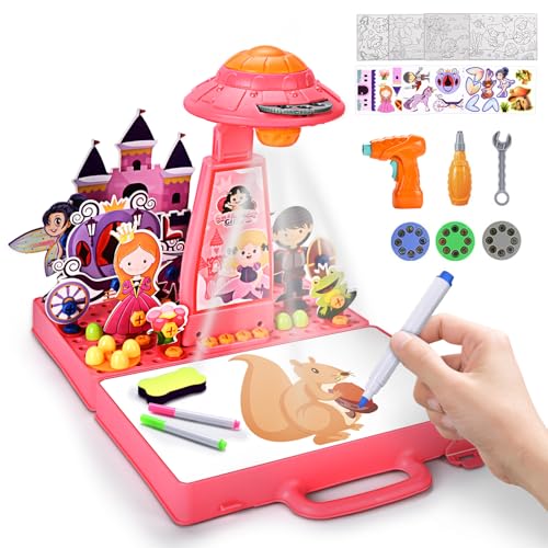 BuzzoXerex 2 in 1 Zeichenprojektor für Kinder, Projektor mit Steckspiel Mosaik, Projektion Montessori Werkzeugkoffer Mit Elektrische Bohrmaschine und Buntstiften, Geschenke für Kinder 3-8 Jahre (Rosa)