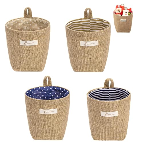 Lumeclat Pack de 4 bolsas de almacenamiento retro para colgar, de algodón-lino, cestas pequeñas plegables, almacenamiento colgante estiloso, ideal para maquillaje, llaves y pequeños objetos (4 tipos)